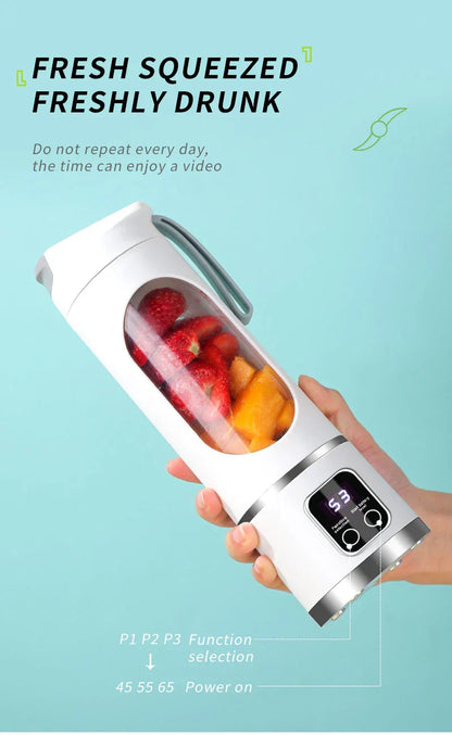 10 Blades Portable Fruit Juicer 450ml Capacity 3 Gears USB Rechargeable Blender Ice Crusher, can make smoothies/ice