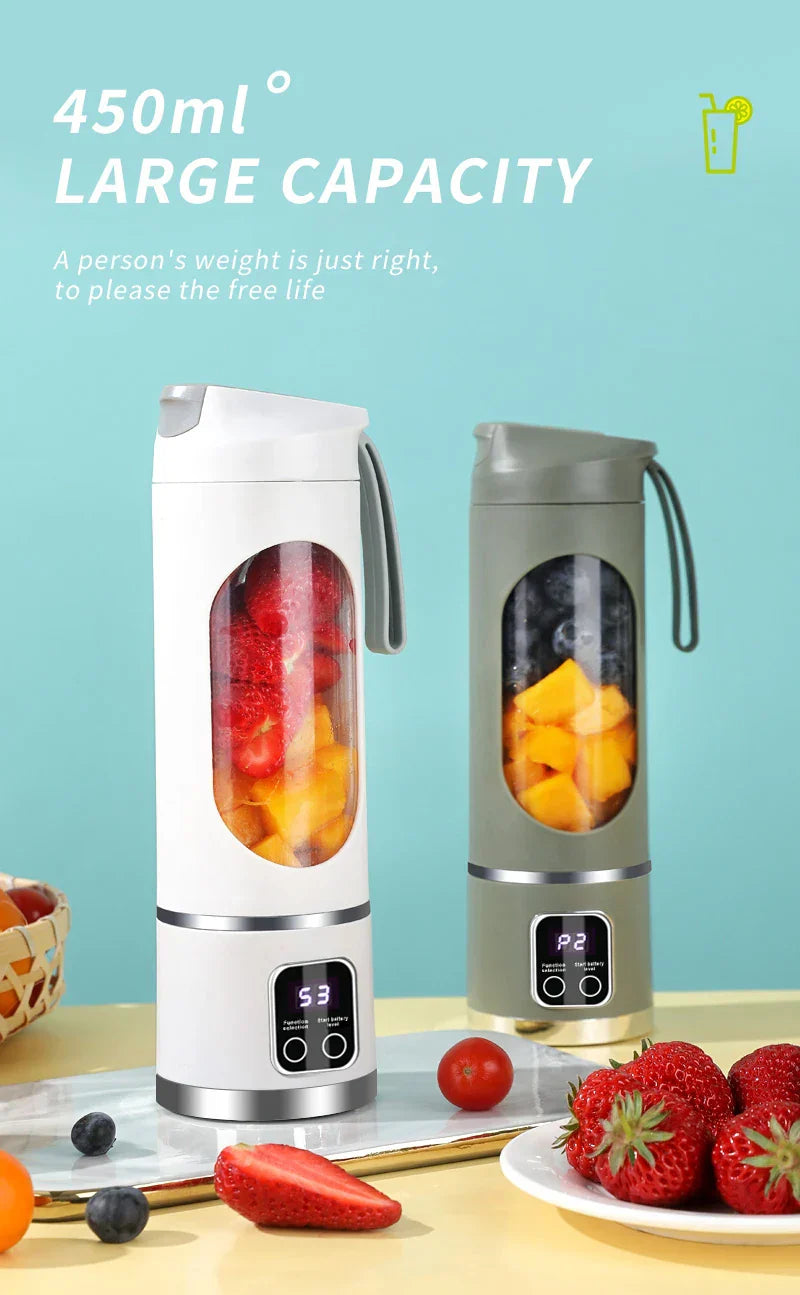 10 Blades Portable Fruit Juicer 450ml Capacity 3 Gears USB Rechargeable Blender Ice Crusher, can make smoothies/ice