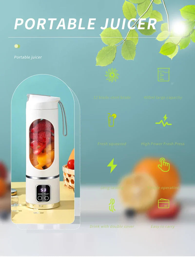 10 Blades Portable Fruit Juicer 450ml Capacity 3 Gears USB Rechargeable Blender Ice Crusher, can make smoothies/ice