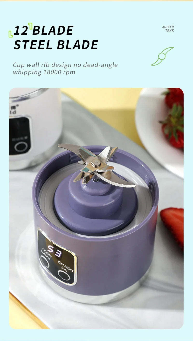 10 Blades Portable Fruit Juicer 450ml Capacity 3 Gears USB Rechargeable Blender Ice Crusher, can make smoothies/ice